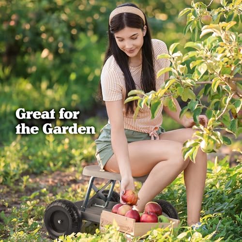 Pure Garden Rolling Garden Seat with Wheels and Tool Tray, Black/Green | Gardening Stool Garden Cart Scooter with Storage for Yard Tools