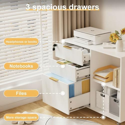 3 Drawer Fluted Mobile Filing Cabinet with Lock, Lateral Rolling Under Desk File Cabinet, Wooden Printer Stand Table for Home Office Essentials Storage Organization Furniture Letters/A4(Oak)