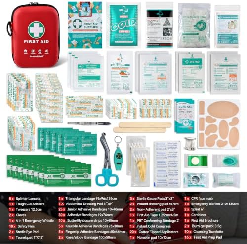 General Medi First Aid Kit - 170 Pieces Hard Case and Lightweight - Great for Travel, Home, Office, Vehicle, Camping, Workplace & Outdoor (Red)