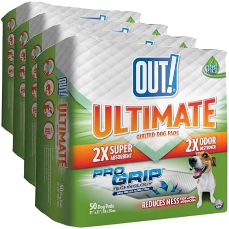 OUT! PetCare Large Dog Pee Pads, Leak Proof Training Pads, 21x21, 50 Count | Doggy Pee Pads, Leak Proof, Odor Control, Extra Absorbent, Potty Training, Housebreaking, Crate Training, Travel Use