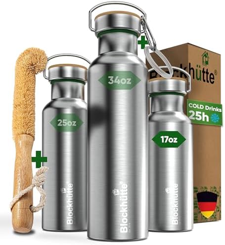 Blockhütte Vacuum Insulated Stainless Steel Water Bottle - 17 oz I Wide Mouth Metal Bottle for hot and cold drinks I BPA-Free I perfect for Travel