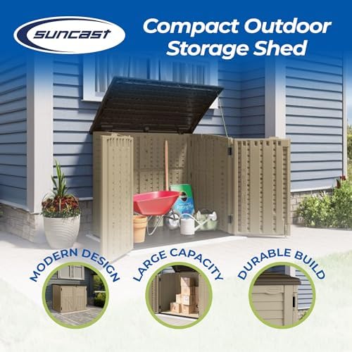 Suncast Horizontal Shed, Compact Outdoor Storage System, 34 Cu. Ft. Capacity, Sand & Slate - Lockable Multi-Wall Resin Organizer for Garbage Cans