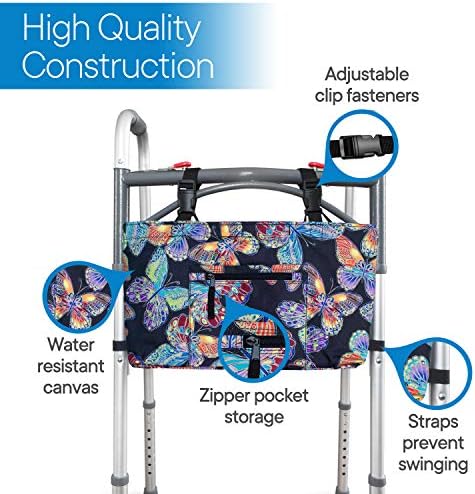 RMS Water Resistant Tote Bag for Walker and Scooter (Butterfly) | Walker Bag and Organizer, Carry a phone, wallet and personal items on a walker, rollator or scooter within easy reach
