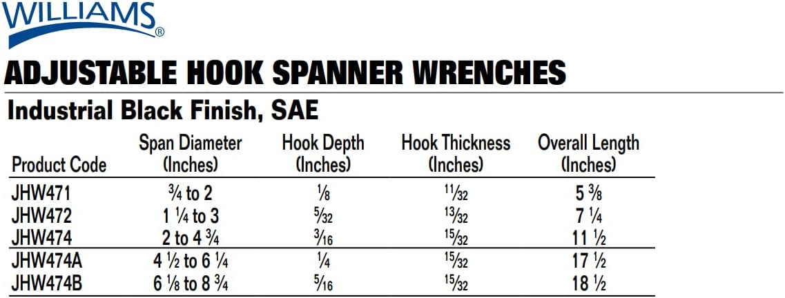 Williams JHW474 Adjustable Hook Spanner Wrench with Span Diameter of 2 to 4-3/4-Inch, Ideal for Adjusting Collars, Lock Nut Rings, and Bearings