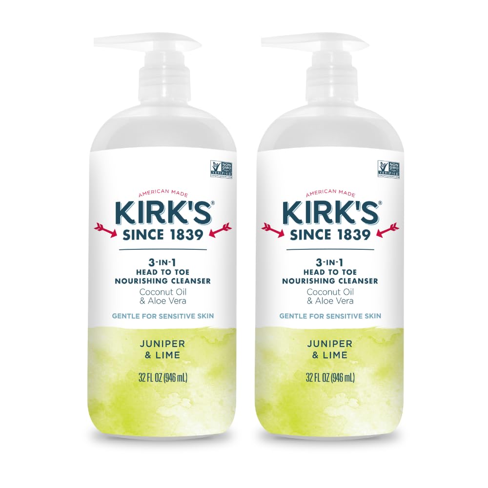 Kirk's Juniper & Lime​ 3-in-1 Nourishing Cleanser, Shampoo Body Wash Bubble Bath, Coconut Oil and Aloe Vera, Vegan Non-GMO, 32 Fl Oz
