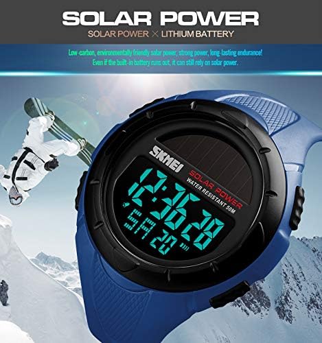 MASTOP Solar Powered Energy Watch for Men Military Digital Multifunctional Led Luminous Indication 2 Time Zone 50m Waterproof Watch Reloj Solar para Hombre