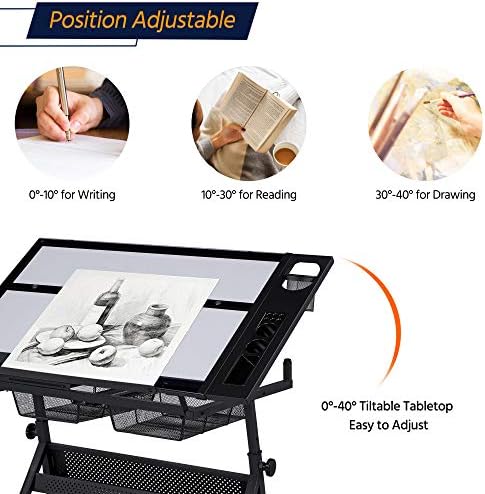 Yaheetech Adjustable Drafting Table & Stool, Tilting Glass Art Desk