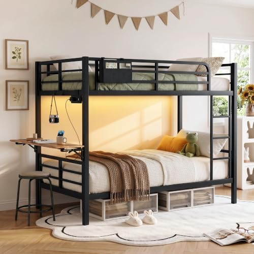 Twin XL Bunk Bed with Foldable Desk, LED Lights & Charging Station, Black | Upper Bunk Storage & 2 Drawers, Safety Guardrails with 4 Hooks, Space-Saving Design for Kids and Teens