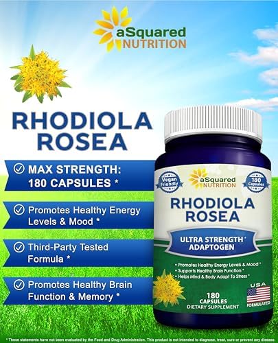 aSquared Nutrition Rhodiola Rosea Supplement 1000mg - 180 Vegan Capsules - Max Strength Rhodiola Root Extract Pills Improve Pure Energy