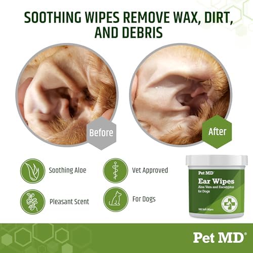 Pet MD Dog Ear Cleaning Wipes – Otic Cleanser for Dogs - 100 ct | Soothing Ear Care with Aloe Vera & Eucalyptus, Regular Wipes
