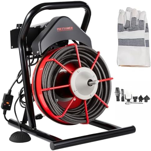drain cleaner machine，75 Ft x1/2 Inch Electric drain auger, Portable Design, Comes with 6 knife heads, gloves，Foot air switch control