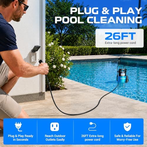 1HP Submersible Sump Pump, 5300GPH High Flow Dirty Clean Submersible Water Pump with Automatic Float Switch, 26FT Long Cord for Swimming Pool