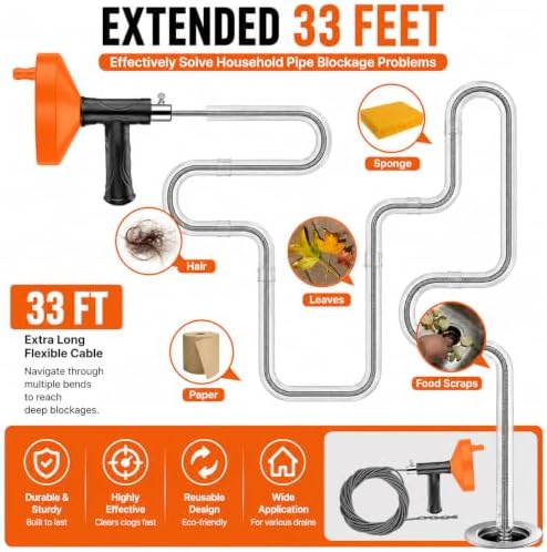 33 Feet Drain Snake Auger, Plumbing Snake Drain Hair Clog Removal Tool, Sink Unclogger Drain, Heavy Duty Drum Auger