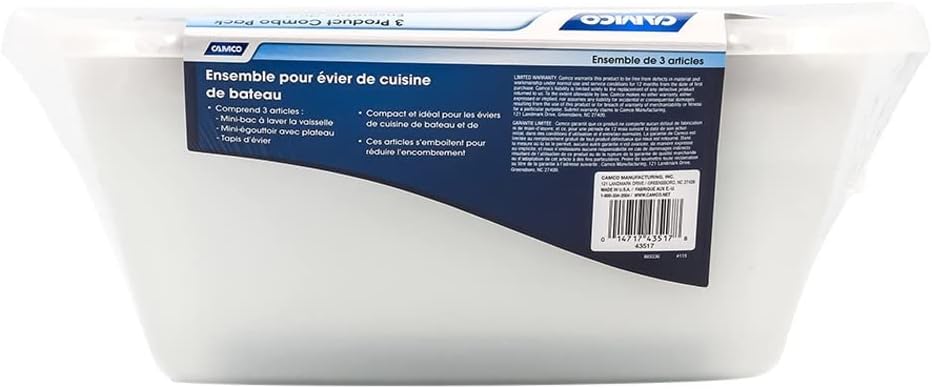 Camco 43517 White Sink Kit with Dish Drainer, Dish Pan and Sink Mat,Pack of 1