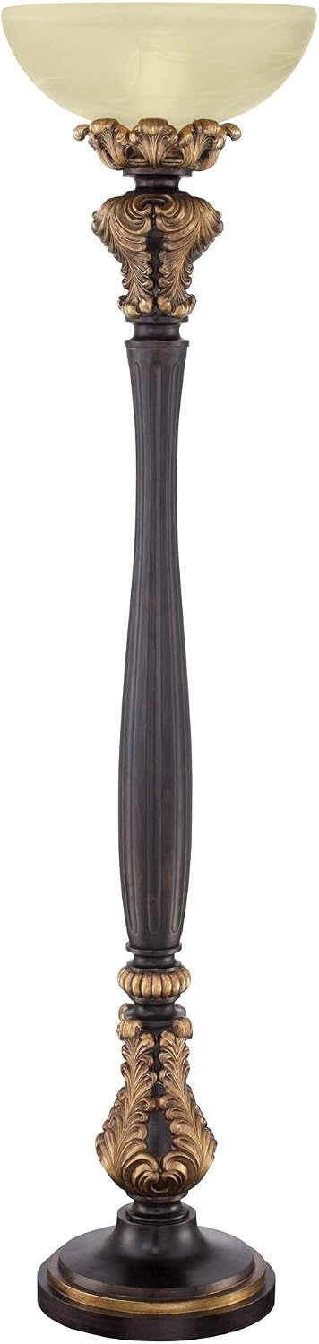 Valentina 75" Tall Acanthus Leaf Torchiere Floor Lamp Living Room | Traditional Victorian Carved Wood Amber Glass Shade Foot Dimmer Standing Light