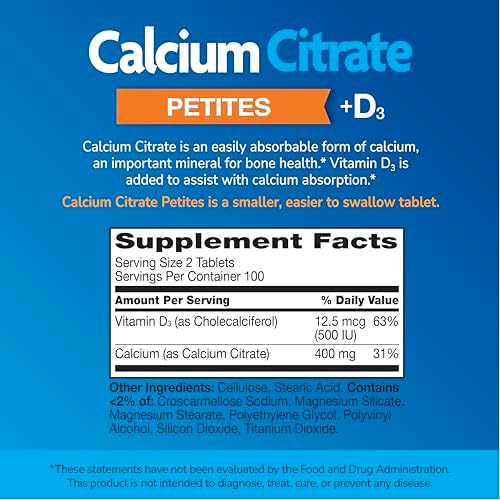 21st Century Calcium Citrate + D3 Petites, Easy to Swallow, 200 Count | Highly Absorbable Calcium Citrate with Vitamin D3