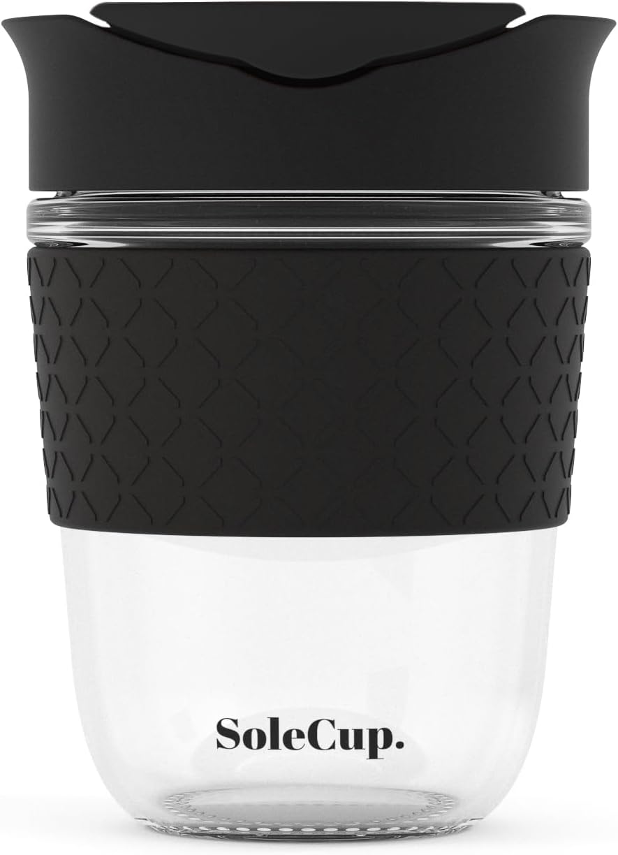 Large Travel Mug - Reusable Glass Coffee Mug - 18oz/530ml BPA-Free Hot Drink Travel Mug with Lid & Silicone Band (Black, 18oz)