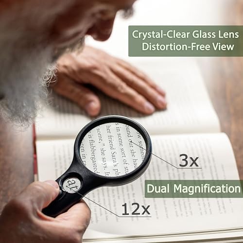 SeeZoom Magnifying Glass with Light, 3X Large Lens + 12X High Power Lens, Lighted Magnifying Glass Handheld Reading Magnifier for Seniors, Small Print