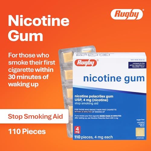 Rugby Polacrilex 4mg Nicotine Gum, Original Flavor, 110 Count (1-Pack) | Sugar-Free Stop Smoking Aid, Helps Reduce Nicotine Cravings and Withdrawal Symptoms, 12-week Schedule