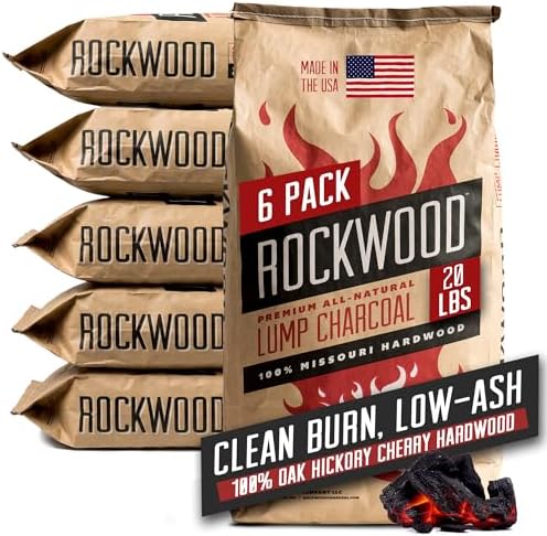 Rockwood Natural Lump Charcoal – Hardwood Lump Charcoal - 20 lbs, 1 Pack | Hardwood Lump Charcoal with Blend of Oak, Hickory & Cherry - Clean Burn, High Heat Grilling & Smoking - For Kettle & Kamado
