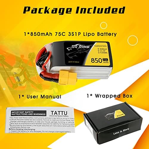 TATTU 850mAh 11.1V 75C 3S LiPo Battery Pack with XT60 Plug for Multirotor FPV 150 180 Size Quadcopter