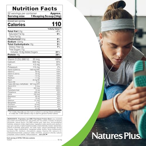 NaturesPlus SPIRU-TEIN, Strawberry - 1.2 lb - Plant-Based Protein Shake - Non-GMO, Vegetarian, Gluten Free - 16 Servings