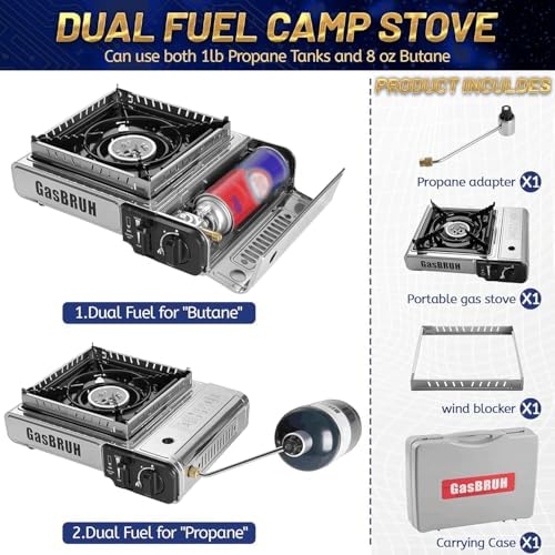 GasBRUH Propane or Butane Camping Stove with Windblocker, Dual Fuel 10,000 BTU Stainess Steel Propane Stove for Camping(TANK not included)