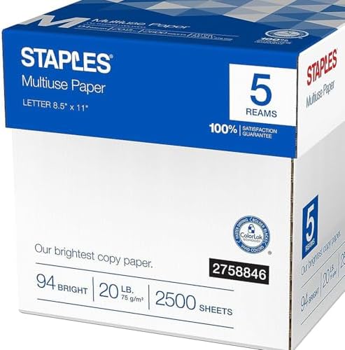 Staples Multipurpose Copy Paper, 8.5x11, 20lb, 94 Bright, 10 Reams/Carton | 5,000 white sheets total. Smooth finish reduces jams in copiers, laser & inkjet printers.