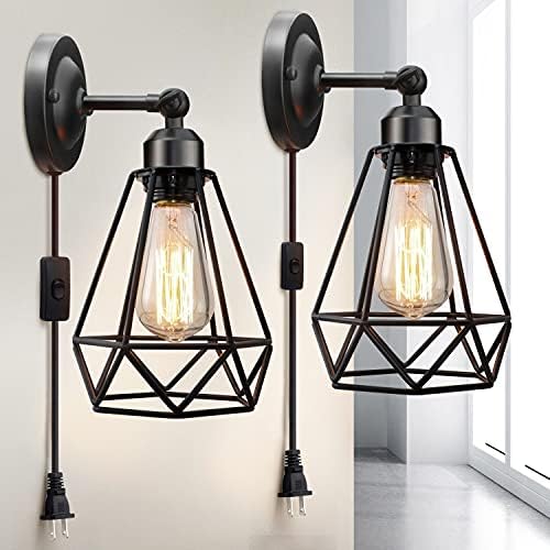 WimiSom Plug in Wall Sconce, Wire Cage, Industrial Wall Lamp with Plug in Cord, Rustic Sconce Fixture