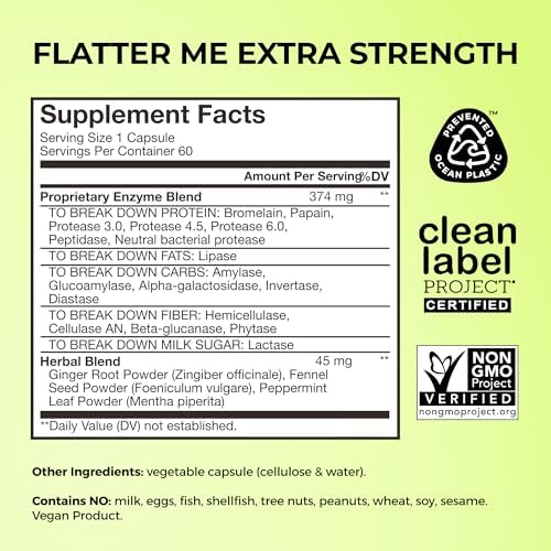 HUM Flatter Me Digestive Enzymes, Digestion & Bloating Support, 60 Count | 18 Digestive Enzymes, Ginger, Peppermint & Fennel, Women & Men, Vegan, Non-GMO, 60 Capsules
