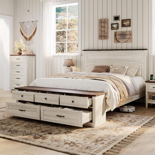 LINSY Storage Bed Frame Queen Bedframe with Drawers, Farmhouse Bed Frame Queen-Size with Headboard and Footboard Bench