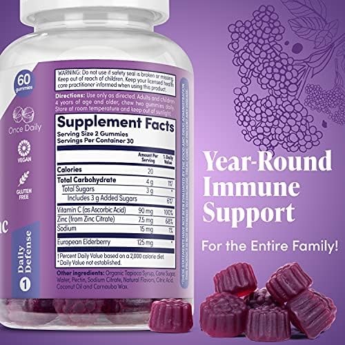 ZAND Elderberry Zinc Immunity Gummies with Vitamin C, Year-Round Immune Support for Children & Adults, 60 Count