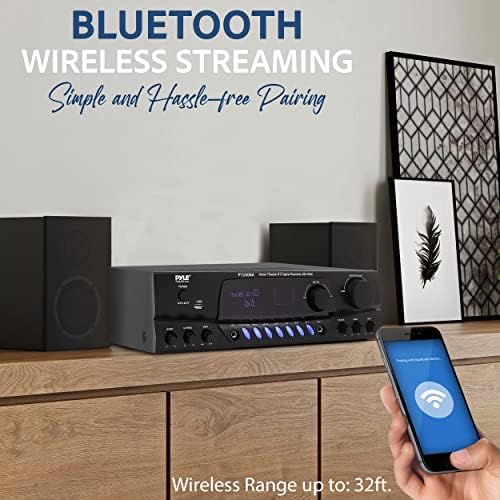 Pyle Home Stereo Amplifier with Bluetooth - 300 Watt Max 4 Channel Stereo Receiver with Easy Karaoke - Dual Mic In with EQ and Echo, USB-A and SD Card In, RCA In, RCA Out, LED Display - PT272AUBT