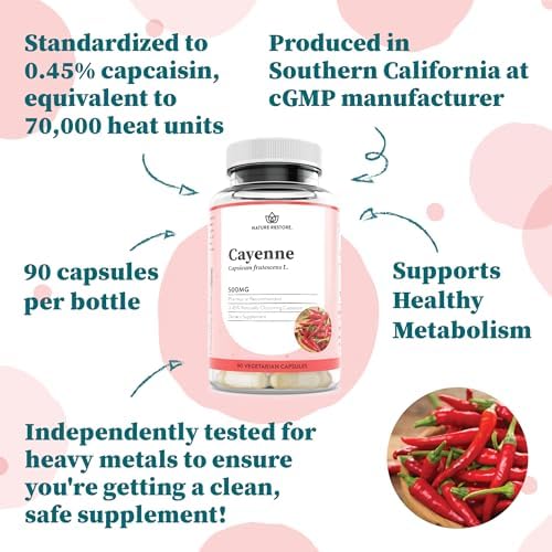 Nature Restore Premium Cayenne Pepper Extract Supplement. Standardized to 0.45% Capsaicin - 70, 000 Scoville Heat Units for Natural Metabolism Support