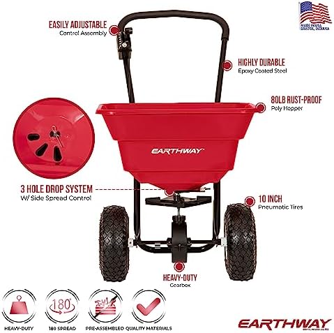 EarthWay 2050P 80lb Broadcast Spreader, Lawn Aerator, Fertilizer Spreader, 80lb Capacity, Pre-Assembled