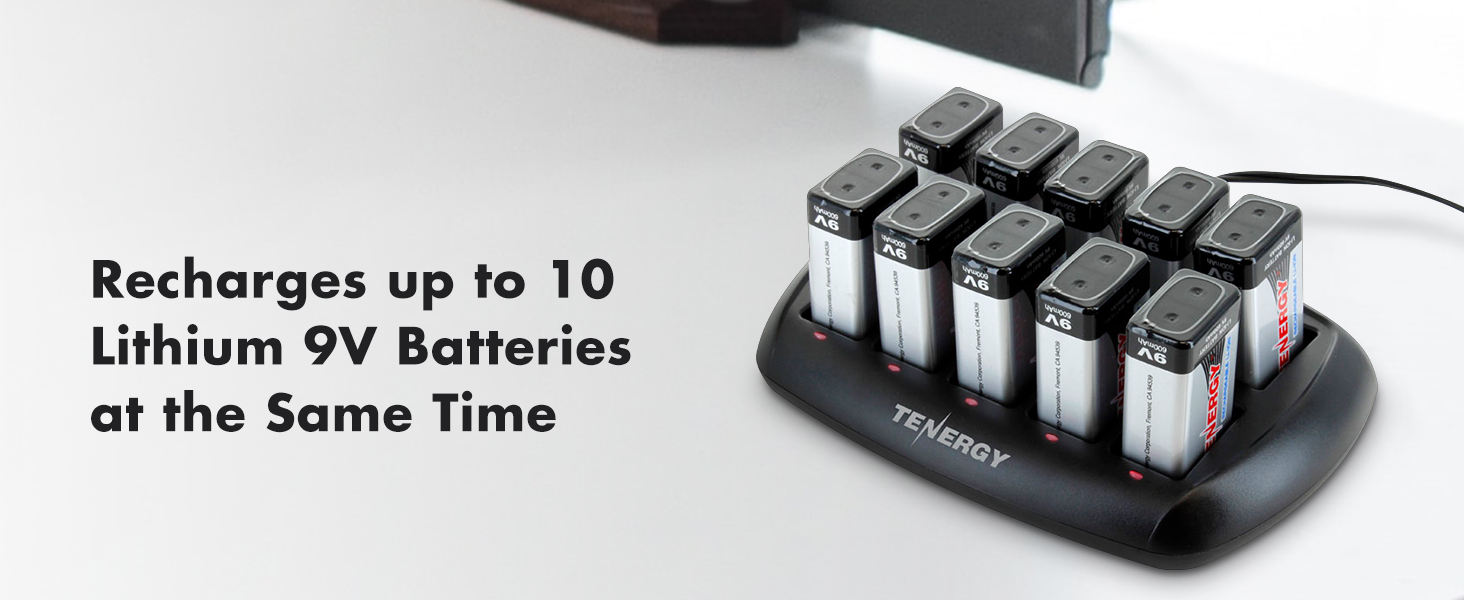 Recharges up to 10 lithium 9 volt batteries at the same time