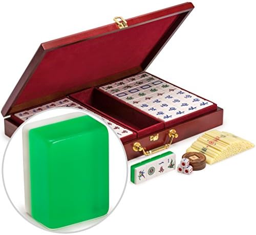Yellow Mountain Imports Classic Chinese Mahjong Game Set, Emerald with 148 Medium-Size Translucent Green Tiles and Wooden Case