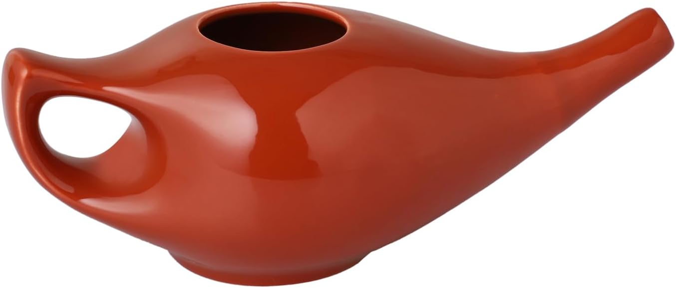 HealthGoodsIn Ceramic Neti Pot, Dishwasher Safe, Premium Handcrafted with 2 Silicone Nozzle and Salt for Sinus - 225 Ml. Capacity (Brown)