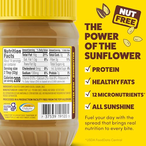 SunButter Original Sunflower Seed Butter, 16 oz Nut-Free Spread with 7g Plant-Based Protein, Roasted Rich & Savory Flavor, Smooth Texture | Vegan, Kosher & Non-GMO