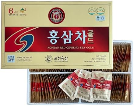 Pocheon 300g(10.6oz), Korean 6Years Panax Red Ginseng Root Extract Tea Gold, 100 Tea Bags, 15% Ginseng Extract, Natural Immune Support