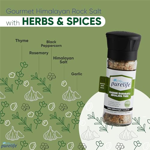Purelife Himalayan Rock Salt with Mixed Herbs & Spices – Gourmet Kosher Natural Crystal Blend with Minerals in Glass Bottle with Ceramic Mill