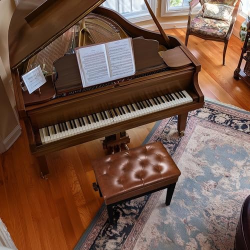 AW Adjustable Piano Bench with Storage Brown Wooden Keyboard Stool Seat | Leather Cushion Paino Chair for Piano Shop Music School Studio Capacity 400lbs