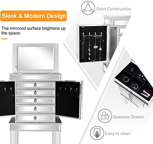 VINGLI Mirrored Jewelry Armoire, Mirror Jewelry Cabinet Standing with 6 Drawers & 2 Side Doors, Jewelry Armoire Cabinet, Standing Jewelry Box