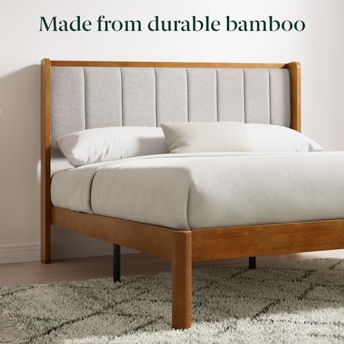 Zinus Jonas Bamboo Platform Bed Frame, Wingback Headboard, Queen | Mid-Century Modern Design, Plush Upholstered Comfort, Sustainable Bamboo, Fits Any Bedroom Style, No Box Spring Needed