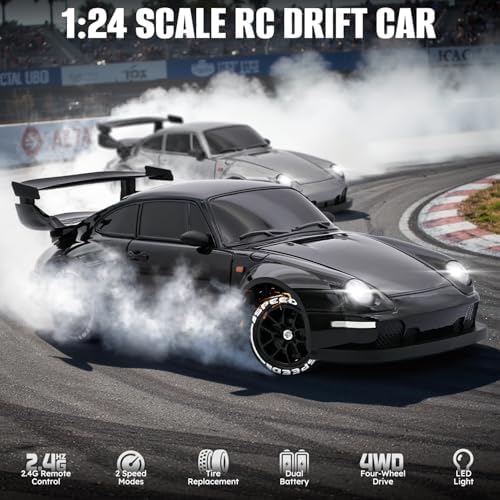 RC Drift Car,1:24 Scale Remote Control Car, 2.4GHz 20KM/H 4WD High Speed RC Cars for Kids with LED Light, Two Batteries,Drifting Tires,Racing Vehicle Toy for Adults Boys Girls Gray