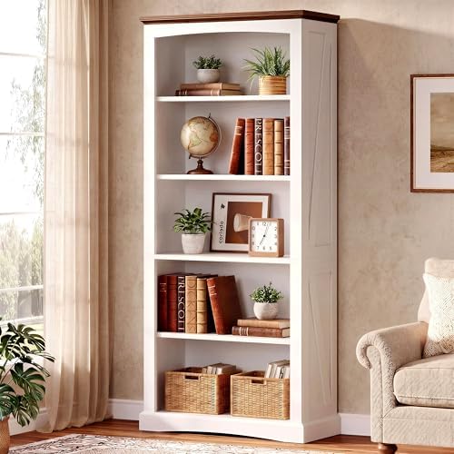 IRONCK 5 Tier Farmhouse Bookshelf 70.9" White Bookcase with Brown Wood Top | brown top & brace side panels, anti-tip stable design, bookcase, bedroom