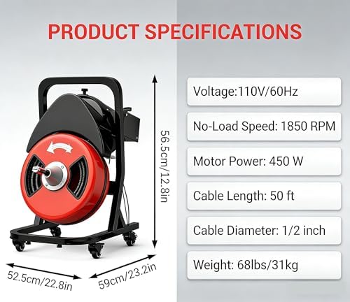 100Ft 3/4 Inch Drain Cleaning Machine. Sewer Snake 750w Auto Feed | Portable Drain Cleaning Machine Electric Drain Auger Sewer Auger with 6 Cutter Air-Activated Foot Switch for 4" to 8" Pipes