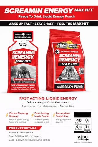 Screamin Energy Max Hit Coffee Mocha Energy Shot Pouches, 24 Count, Extra Strength Caffeine with Panax Ginseng and B Vitamins