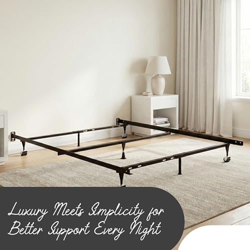 Kings Brand Furniture Queen Metal Bed Frame – Heavy Duty Support for Box Spring & Mattress Foundation with Center Rail, Locking Wheels