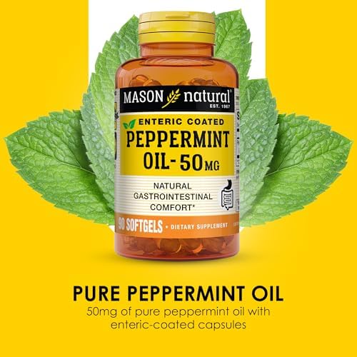 MASON NATURAL Peppermint Oil 50 mg Enteric Coated Softgels, 90 Day Supply | 50mg pure peppermint oil, enteric coated to dissolve in the intestines, to ease bloating & gas and support normal digestion